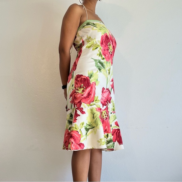 Ann Taylor floral midi dress with ruffle hem, lined, and spaghetti tie straps - Picture 2 of 7